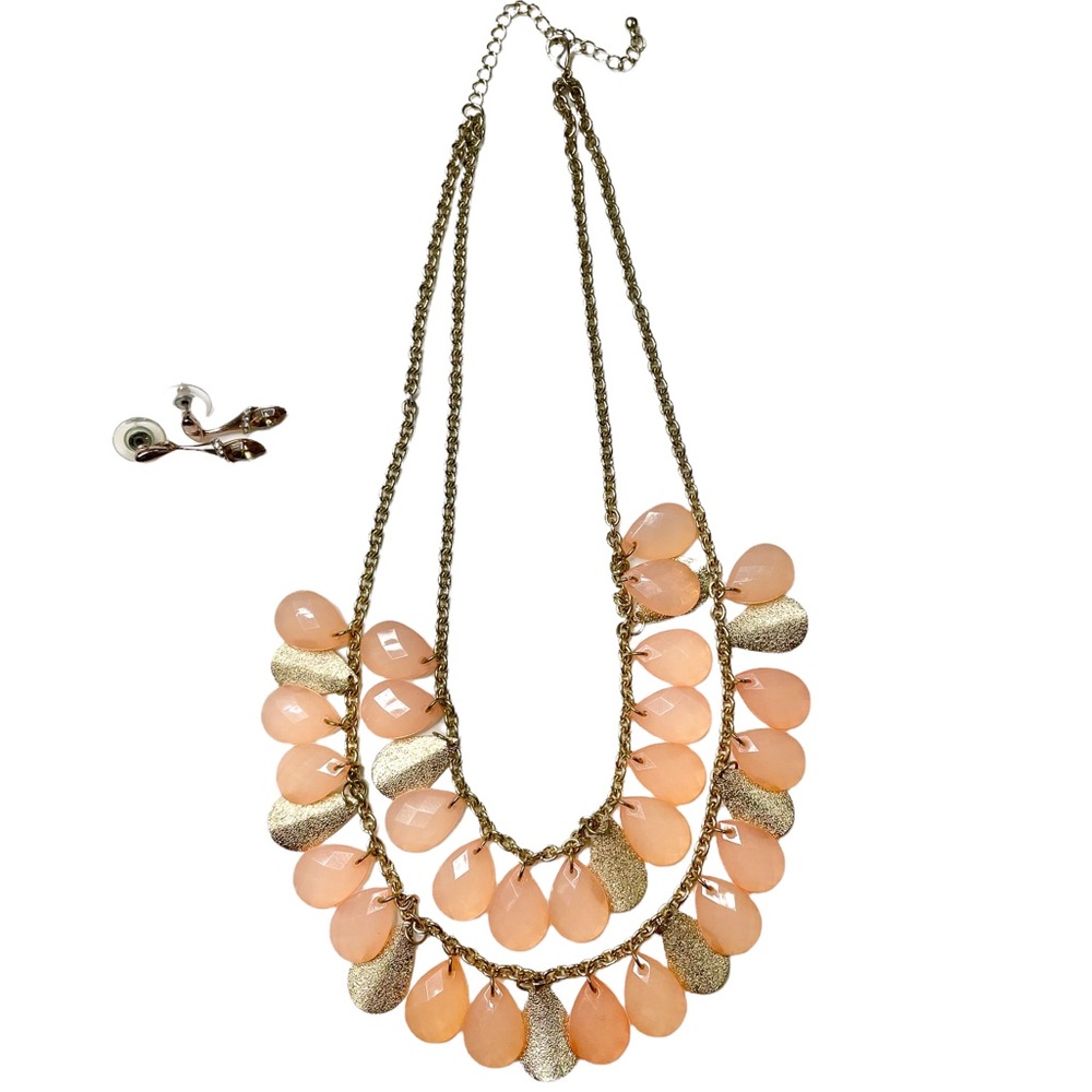 Double Layered Coral Acrylic Teardrop Statement Necklace Gold Teardrop Earrings